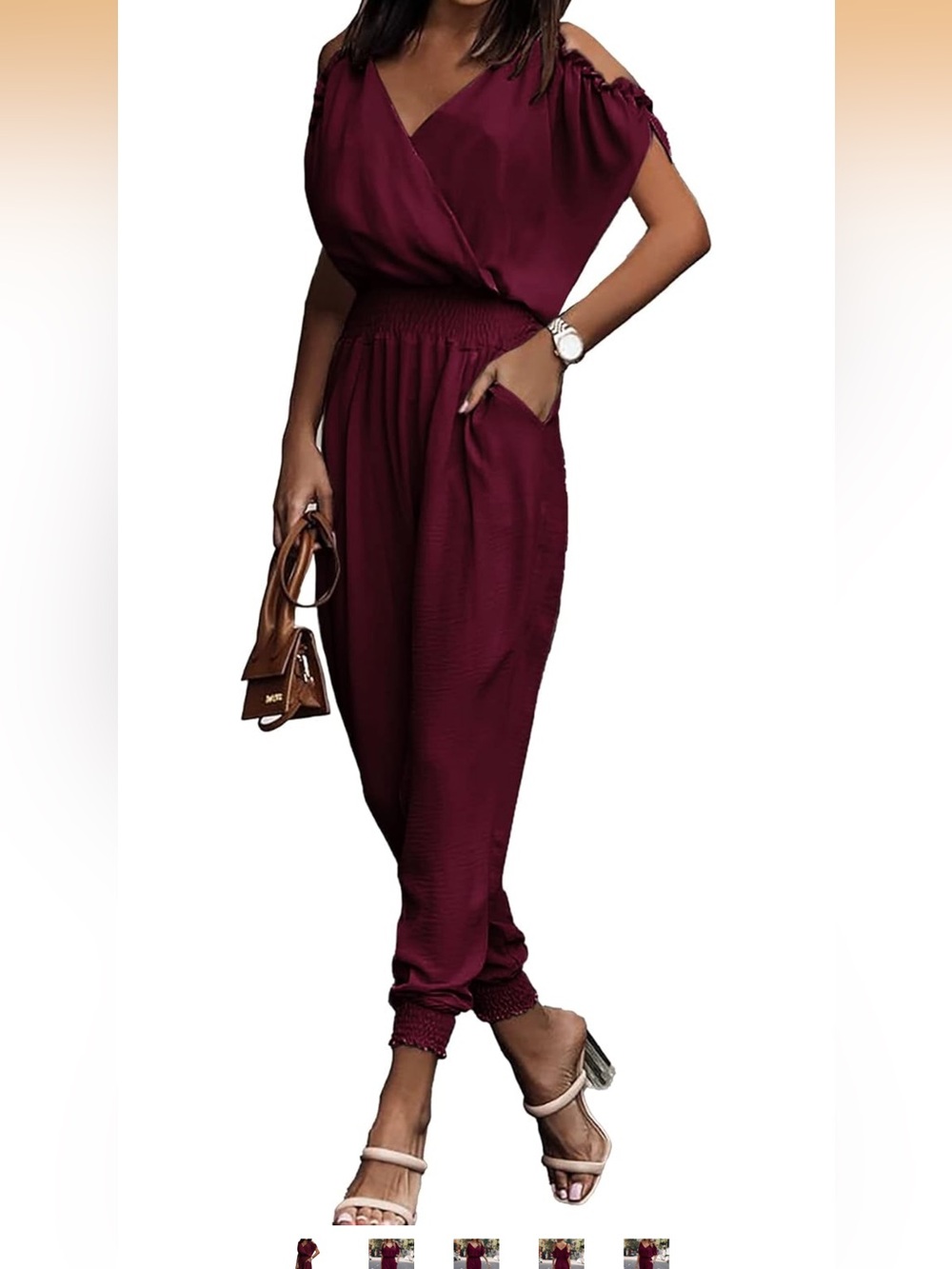 Amazon Women's Wine Smocked-Waist Jumpsuit
